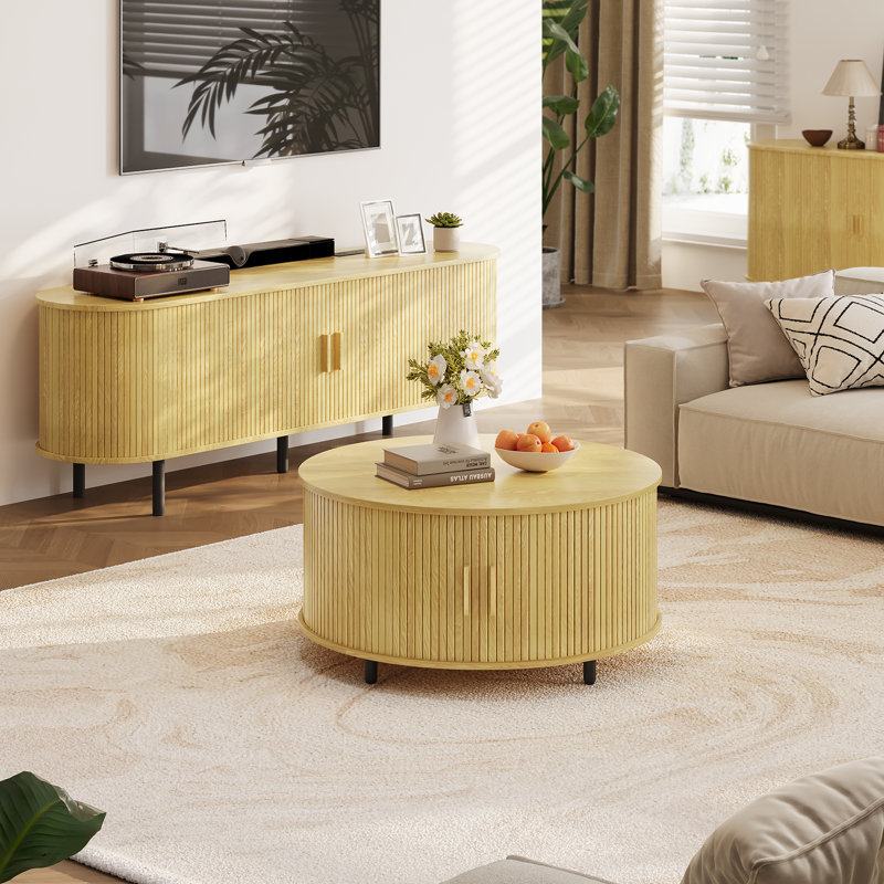 31.5" Modern Round Coffee Table With 360° Curved Sliding Door., Oak