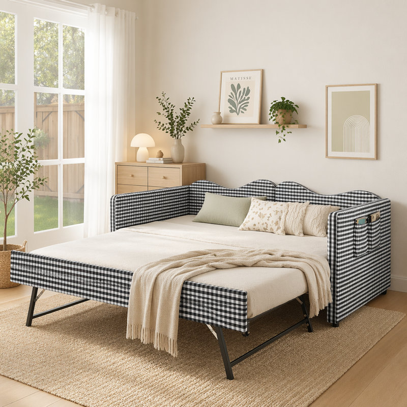 Lit de jour simple tapissier en vichy avec gigogne gigogne et poche de rangement, canapé-lit multifonctionnel en bois massif pour chambre d'enfant, noir