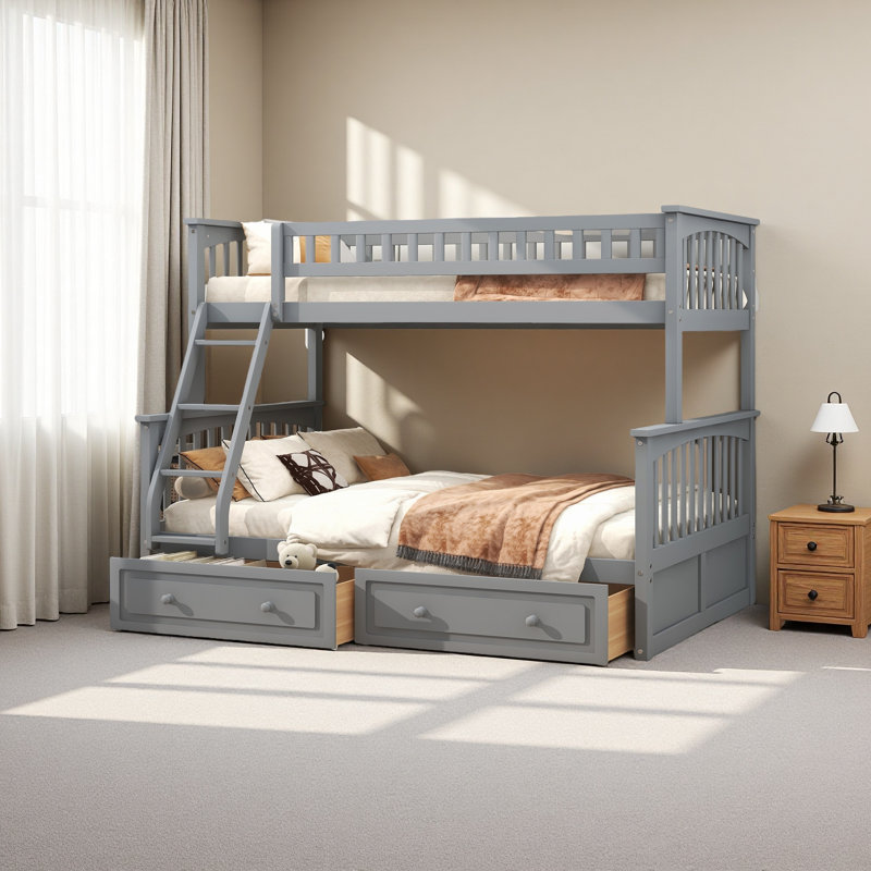 Twin Over Full Bunk Bed With Drawers, Convertible Beds, Gray