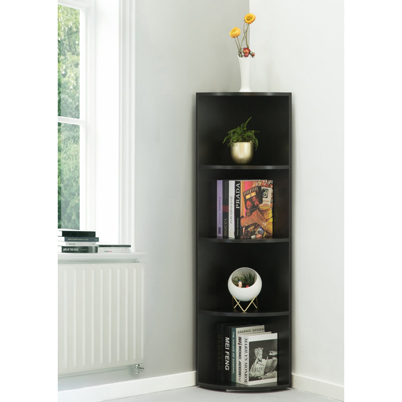 Black 4-Tier Wooden Corner Bookshelf for Small Spaces, Slim Bookcase Display Stand, Nursery Bedroom Office Classroom Library Storage Shelf
