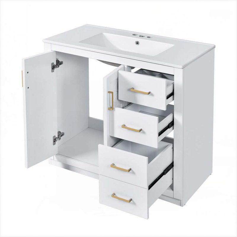 Meuble-lavabo de salle de bain avec lavabo en céramique, 3 tiroirs et portes à fermeture douce, Blanc