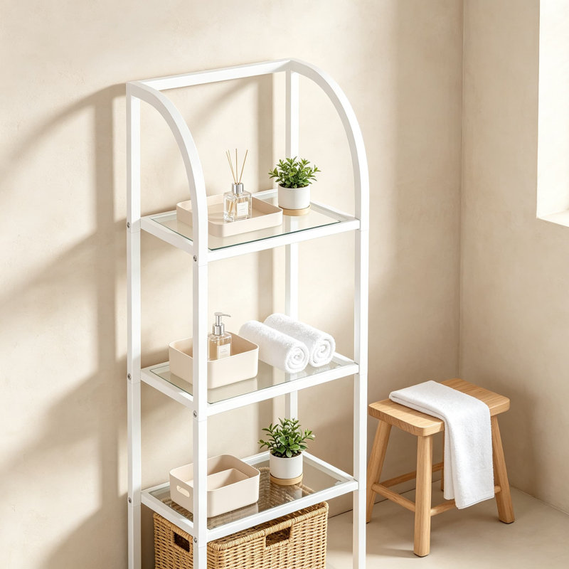 Bibliothèque arquée en verre trempé, unité de rangement mince avec structure en acier, tablette peu encombrante pour le salon, la chambre à coucher, le bureau personnel et la salle de bain