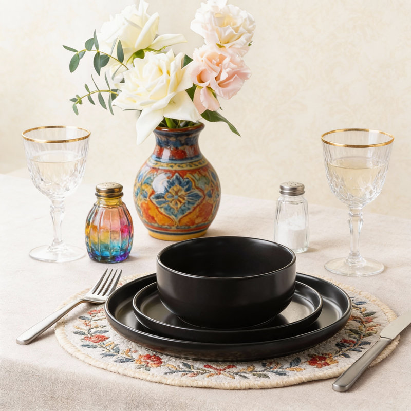 Service de table en céramique 12 pièces pour 4 personnes | Assiettes et bols résistants aux égratignures | Va au lave-vaisselle et au micro-ondes noir moderne