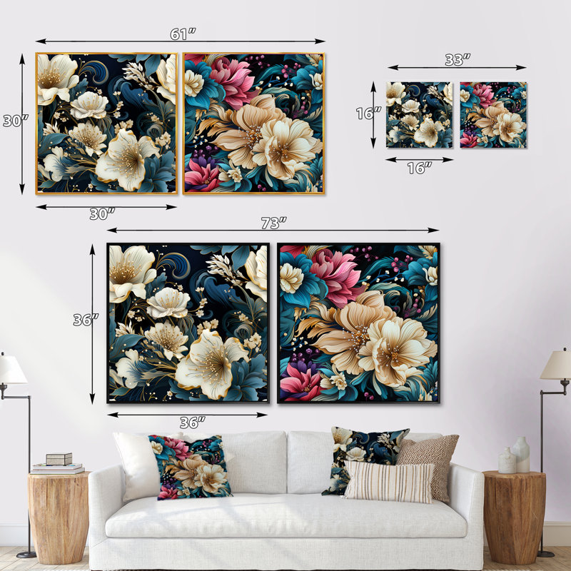 Crowle - Ensemble de 2 collages carrés floraux, Cadre flottant noir, H 16 po x l 33 po