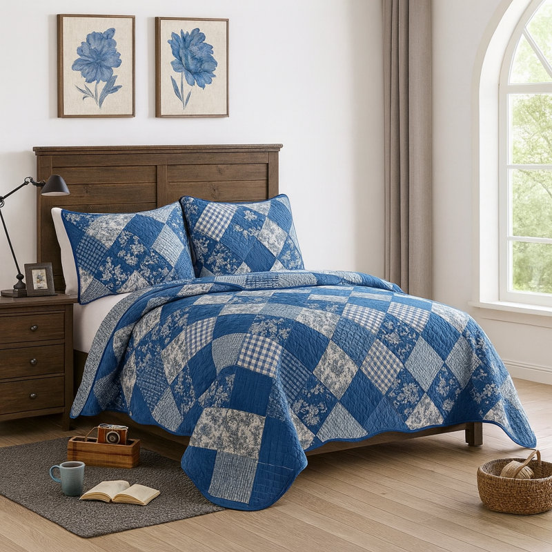 Ensemble de courtepointe florale réversible avec patchwork léger et taies décoratives