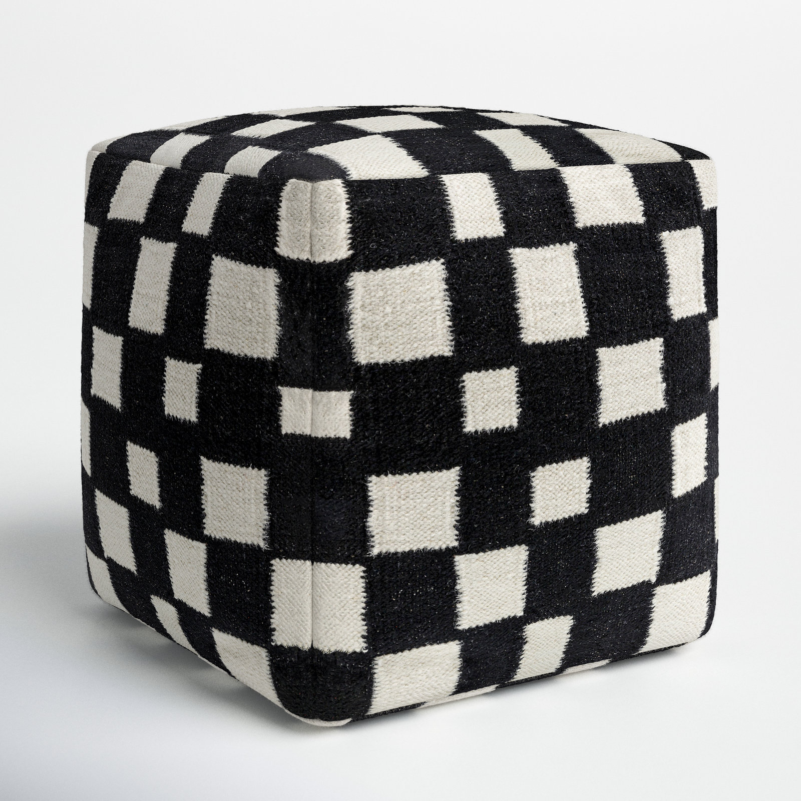 Gwennie Upholstered Pouf, Black/White Wool/Cotton Blend