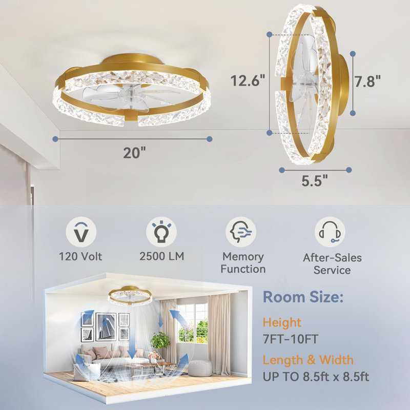 Ventilateurs de plafond à profil bas de 20 pouces avec lumières et télécommande, Doré