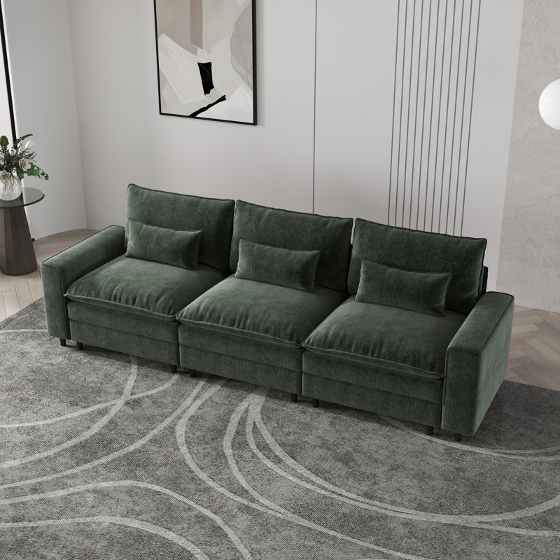 Canapé 3 places en chenille profonde avec coussins lombaires - texture douce, confort spacieux pour la vie de famille, Vert