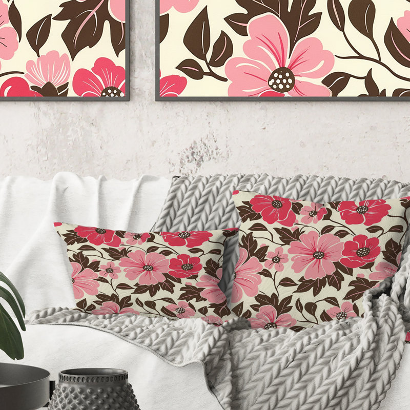 Coussin décoratif rose et brun à motif de marguerites IV, H 16 po x l 16 po