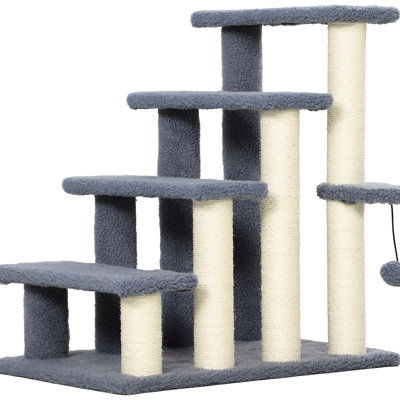 4 Levels Cat Steps, Gray With Scratching Posts, Hanging Play And Side Step For 4-level Stairs , Pet Families Up To 10lbs,