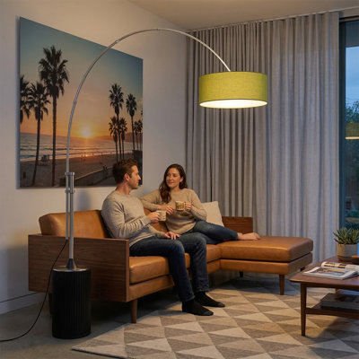 Lampe à arc 1 lumière H 92 po Tambo, abat-jour en lin avocat, base en chêne noir, nickel satiné, à intensité variable, pour le salon ou la chambre à coucher