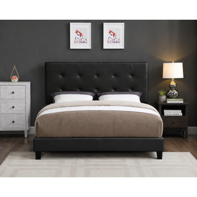 Adjustable Upholstered Bed with Button Tufted Headboard, Modern Linen & Faux Leather Bed Frame, Black, Queen