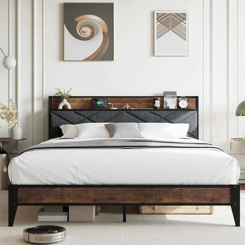Upholstered Metal Slat Bed, King