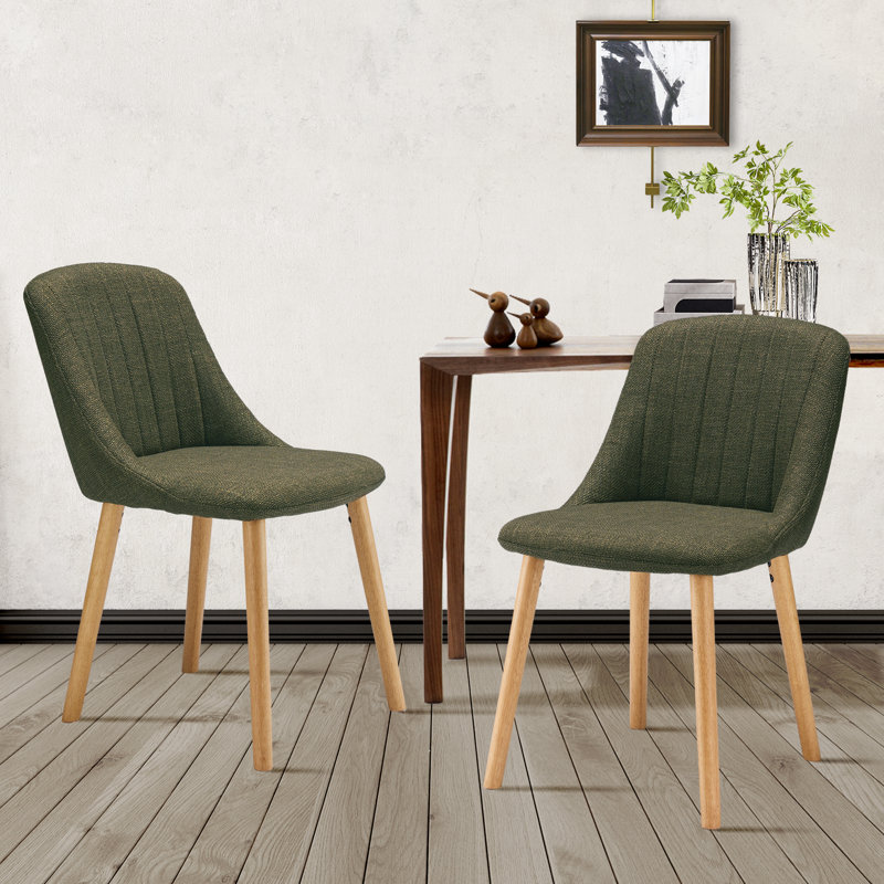 Velvet Dining Chairs With Wooden Legs Set Of 4, Green Linen/Natural, 2
