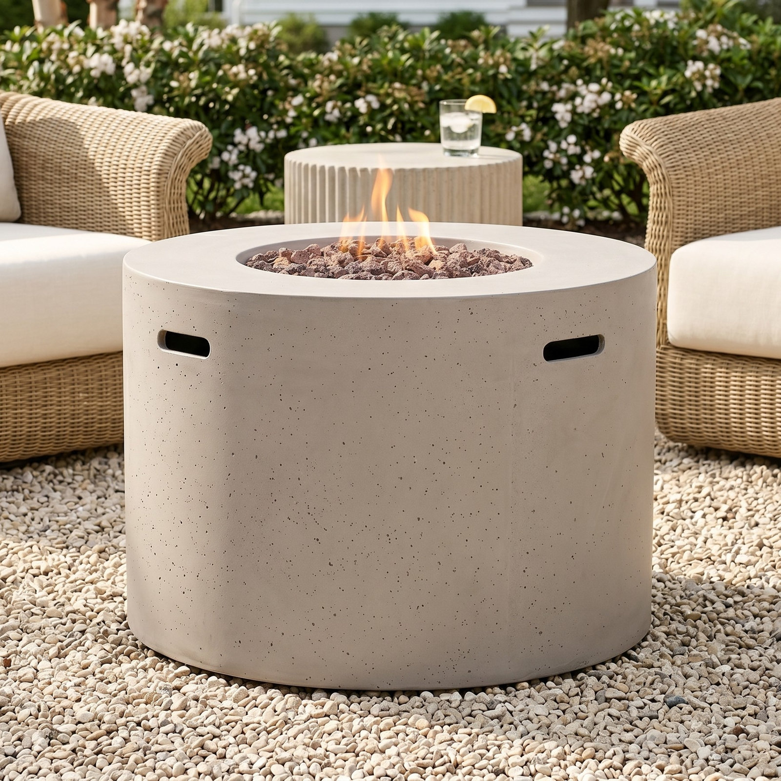 Caelan Round Fire Pit Table, Light Gray