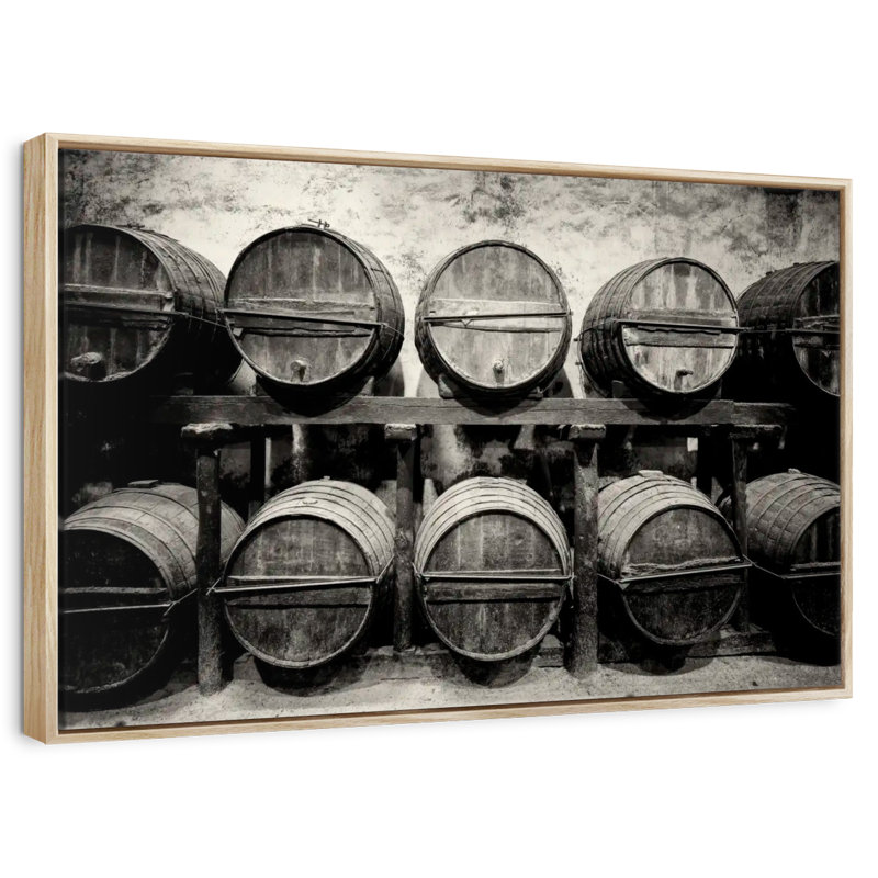 Barrels Of Wine, Floating Frame Natural Wood, 31" X 21"