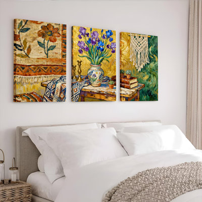 Floral Iris and Tapestry Pattern Canvas Wrapped Wall Art Oil Painting Print Set of 3 for Living Room Bedroom Home Decor