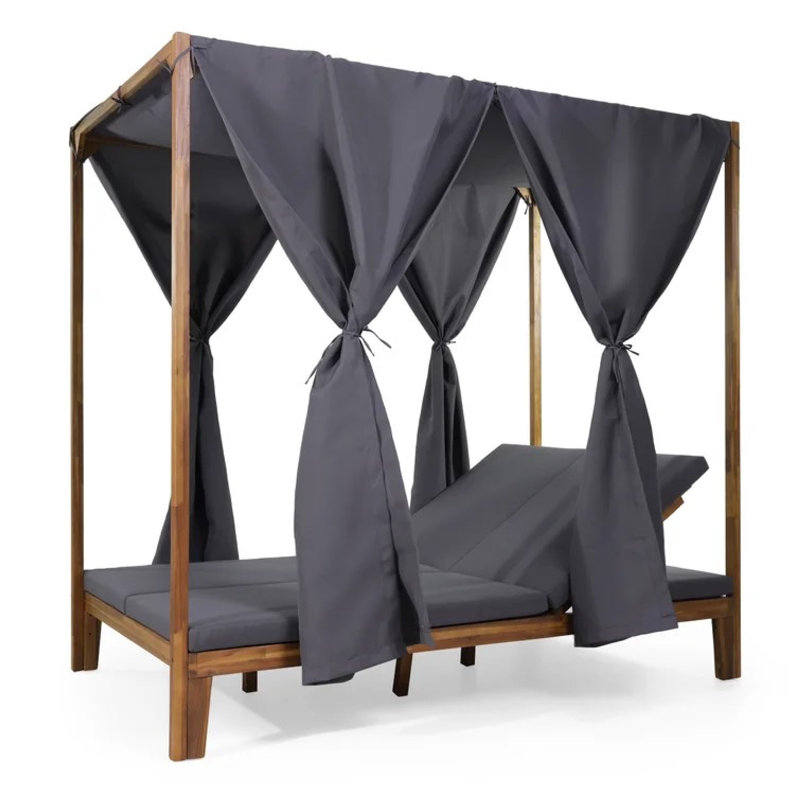 Yavi Outdoor Daybed, Brown Wood, Gray Waterproof Fabric, 79 Inch, Gray