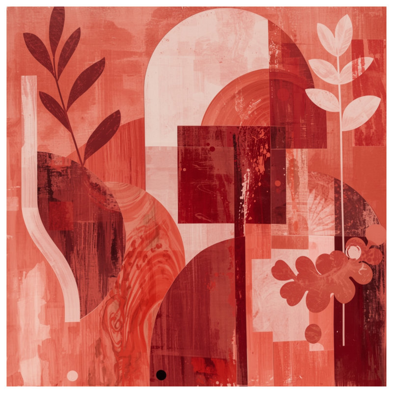 Toile de galerie abstraite à formes botaniques rouges en plusieurs tailles, 32 po x 32 po