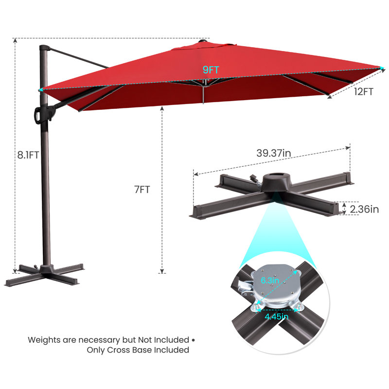 Parasol de patio rectangulaire en porte-à-faux sans base lestée 12 pi x 9 pi Selami, Rouge