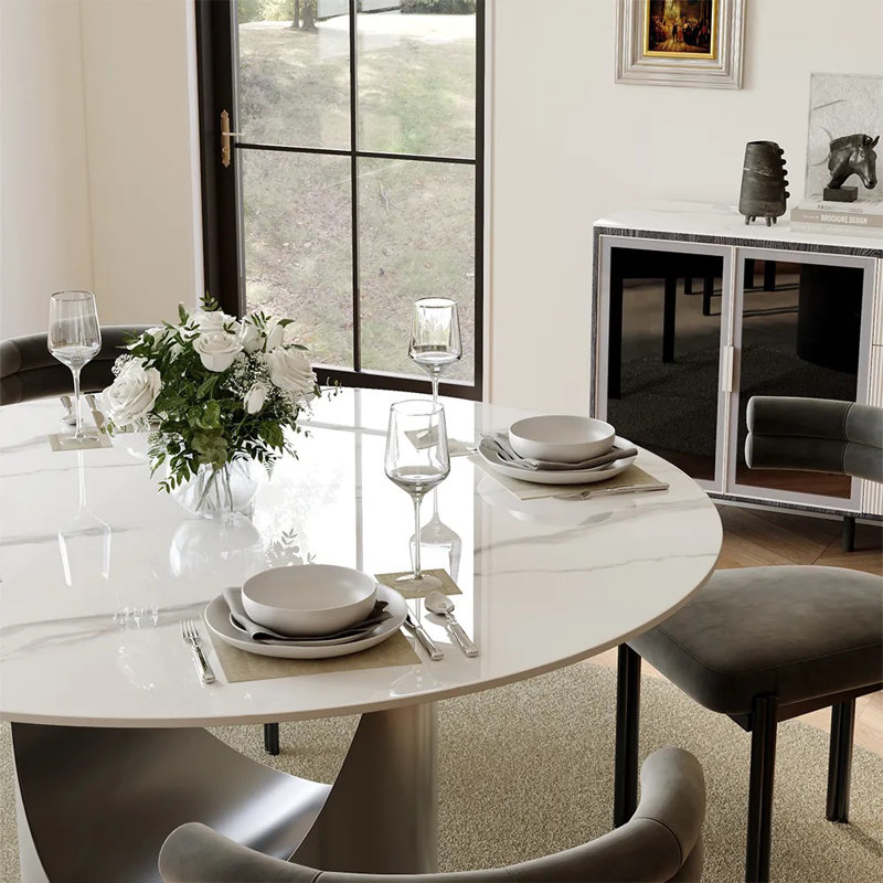 Table de salle à manger moderne en pierre frittée moderne avec base piédestal, H 29,5 po x L 47 po x l 47 po, Blanc lustré
