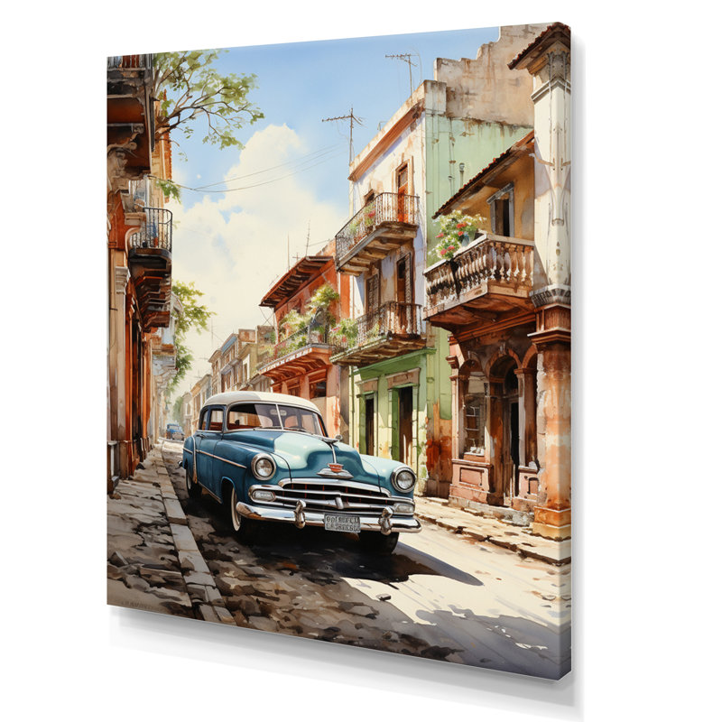Irvings Turquoise Cuba Classic Cars sur toile, H 40 po x l 30 po x P 1,5 po, Toile tendue