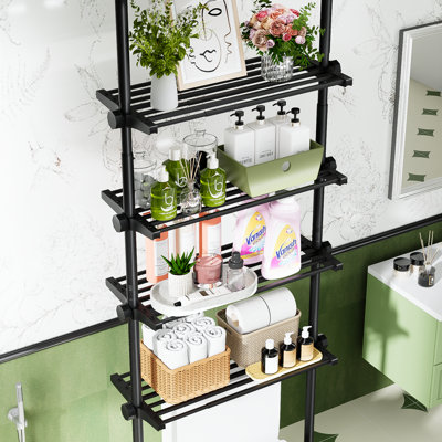 Over The Toilet Storage Shelf, 4-Tier Adjustable Over Toilet Bathroom Organizer,Tension-Mounted Bathroom Storage Rack for Ceilings, No Drill Space-Saving Shelving for Small Rooms,Black