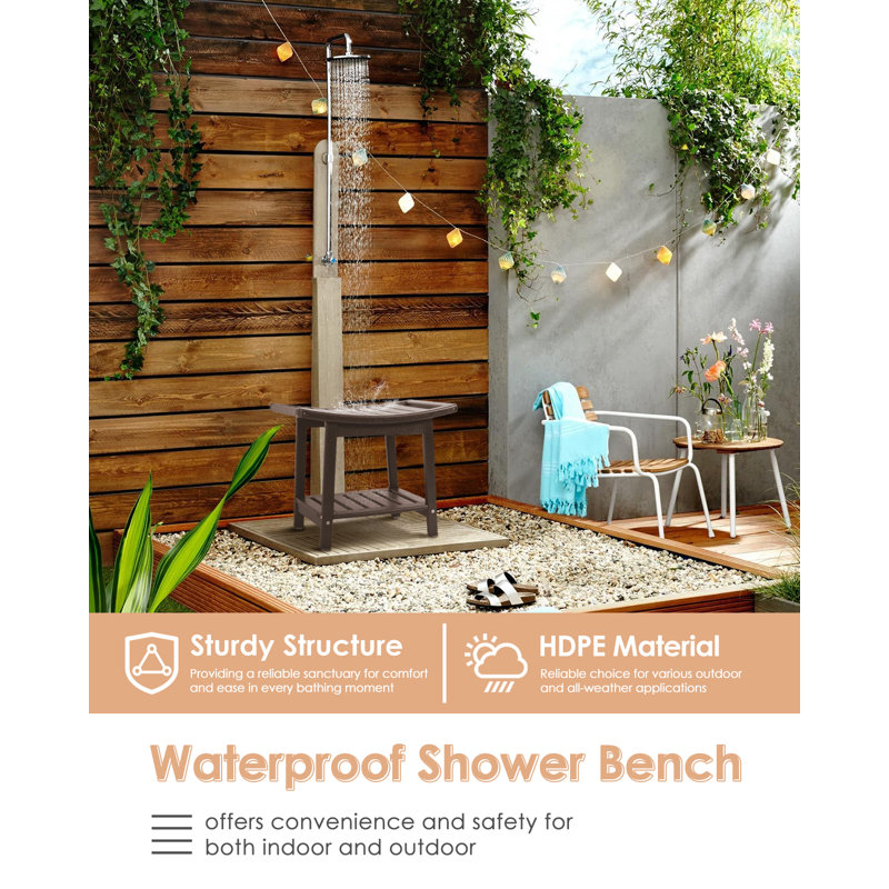 Dark Brown HDPE Waterproof Shower Bench with Storage Shelf