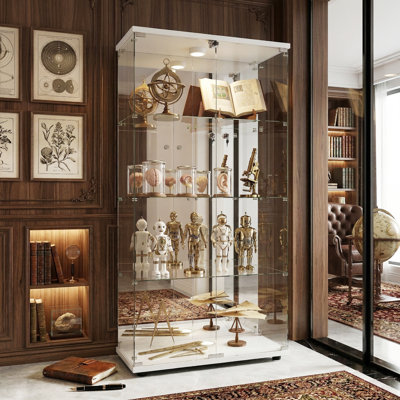 4-Tier Double Door Glass Display Cabinet with Mirrored Back & LED Lights,  Large Tall Curio Cabinet, Black / White