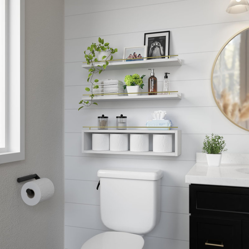 Floating Shelves For Wall 24 Inch With Cube Shelf, Wall Shelves With Metal Rail For Bathroom Decor, Bathroom Organizers And Storage, Over Toilet Shelves