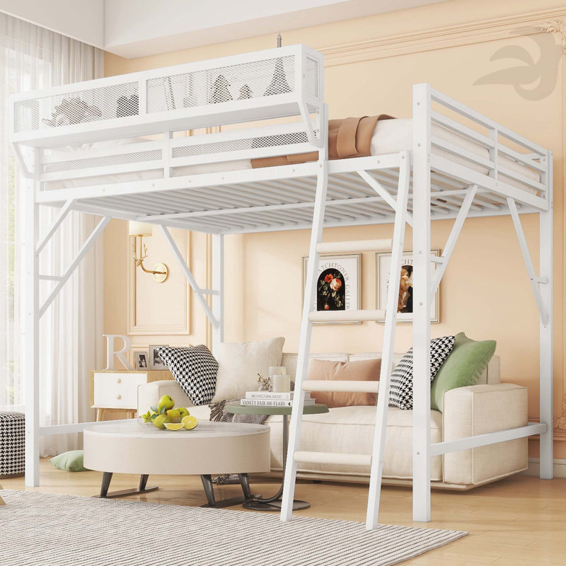 Lit mezzanine double avec échelle, lit mezzanine double en métal avec tablettes de rangement, lit mezzanine pour enfants, blanc