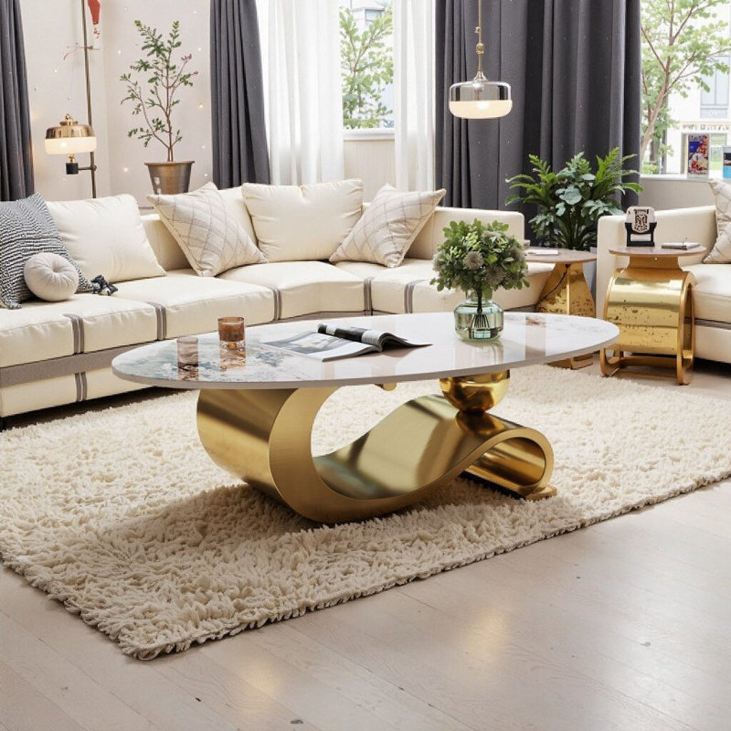 Table basse 49,2 po ovale en faux marbre avec base en acier inoxydable doré - centre de table de salon moderne, Blanc
