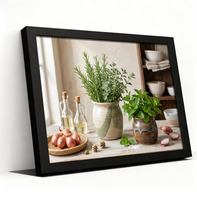 Toile noire encadrée en bois noir pour salon, chambre à coucher, bureau ou vestibule - décoration murale décorative avec jardin de fines herbes