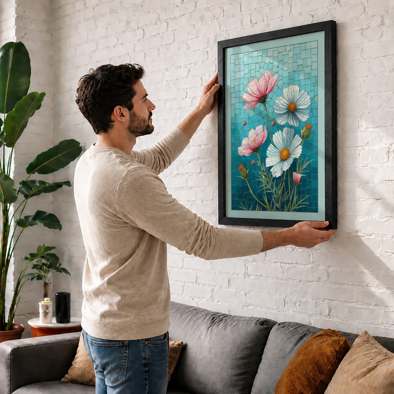 Cosmos Arrangement Botanical - Framed Print, A2 - 59.4 x 42.0 cm, White