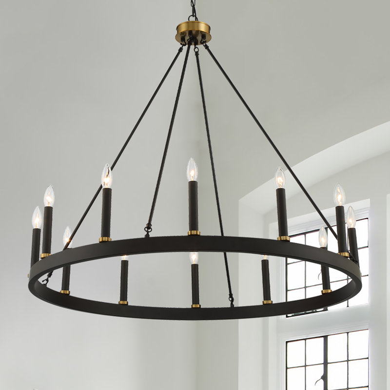 Madalyn 12 - Light Candle Style Wagon Wheel Chandelier, Black/Brass