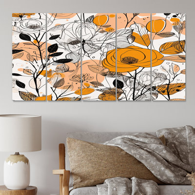 Retro Terracotta Roses Illustration I - Abstract Botanicals Canvas Print - 5 Equal Panels