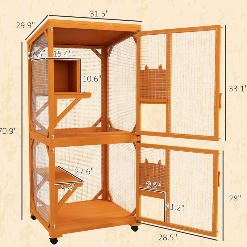 Cage intérieure / extérieure pour chat avec zones d’exploration à plusieurs niveaux, portabilité sur roulettes et protection contre l’asphalte