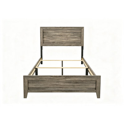 Contemporary Full Size Grey Wood‑Finish Panel Bed Frame, Solid & Veneer Wooden Bedroom Furniture, Bed in One Box, Box Spring Required
