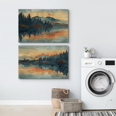 Rustique campagne crépuscule, coucher de soleil orange, lac réfléchissant et forêt au crépuscule, paysage naturel - 2 pièces