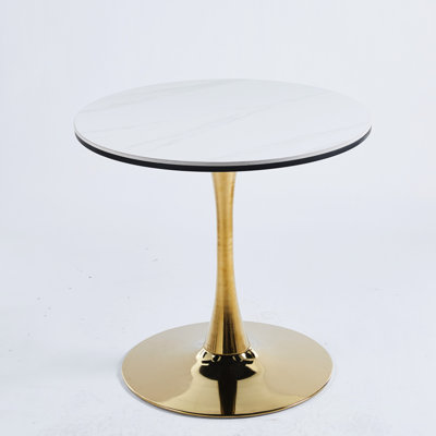 Table de salle à manger ronde à pied central tulipe dorée et blanche de style milieu du siècle, 31,5 po