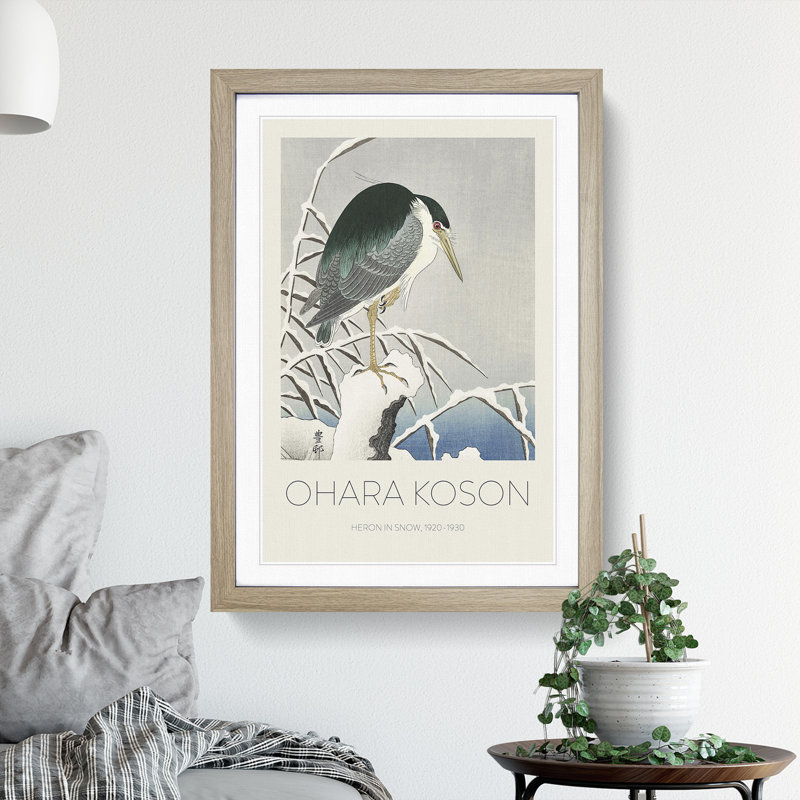 A Heron in the Snow by Ohara Koson - Picture Frame Painting, Oak Framed, 48cm H x 36cm W x 2cm D