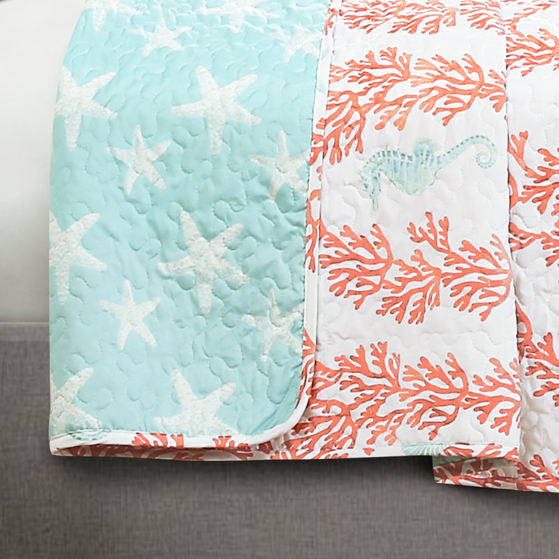 Queen Coral and Blue Cotton Reversible Quilt Set