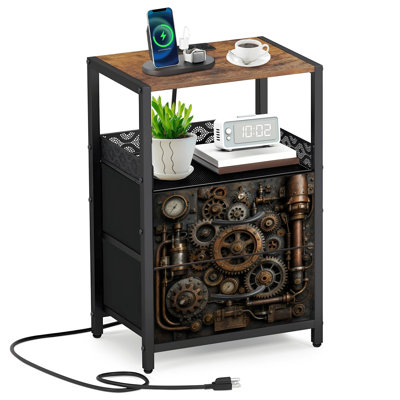 2 Fabric Drawers Night Stand with Charging Station Rusty Gears Mechanical Cogs Industrial Steampunk Design Bedroom Bedside Table End Table with Open Shelf USB Ports and Outlets