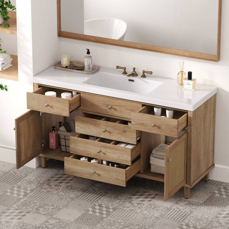 Meuble-lavabo moderne avec lavabo et grande armoire de rangement, Naturel antique