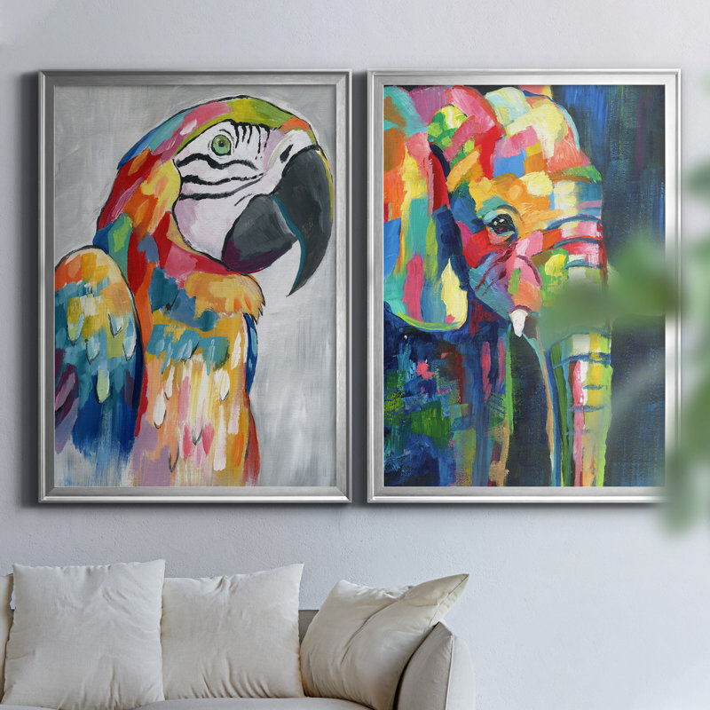 «Vibrant Parrot», ensemble de 2 reproductions d'impressions, H 18,5 po x l 49 po x P 1,5 po, Toile encadrée argentée