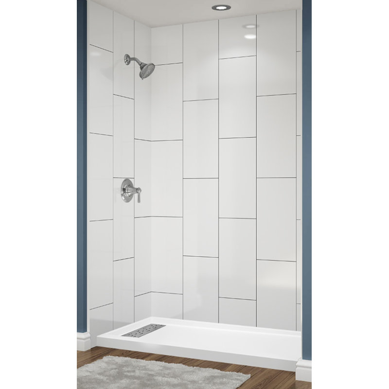 Système de douche vertical en alcôve en acrylique blanc 12 x 24 avec lignes de coulis noires l 60 po x P 32 po