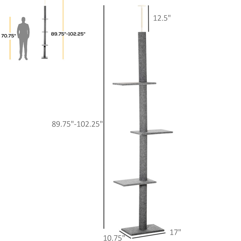Tour pour chat de 8,5 pi de hauteur, plancher-plafond réglable avec des textures douces et plusieurs plateformes de saut pour chatons, arbre gris foncé, jeu de tringle à chat sécurisé