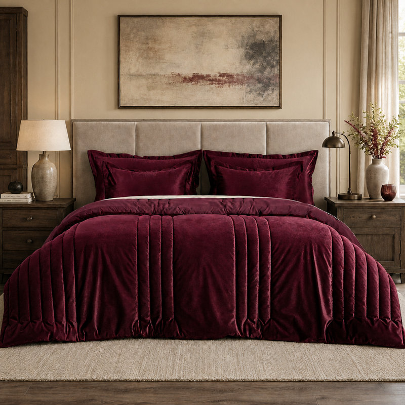 Luxury Velvet Bedding Comforter Sets 3 Pieces. Lightweight fluffy and soft velvet comforter set, King, Burgundy