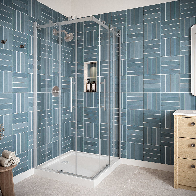 Porte de douche coulissante semi-sans cadre Gora 36 po x 76 po avec quincaillerie en verre poli trempé 5/16 po traité CrystalTech