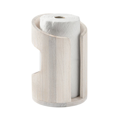 Wooden Paper Towel Holder with Negative Space Design for Kitchen and Table Decor, Anti Skid Base, Eco Friendly Mango Wood & Metal Rod - Whitewash / Nickel